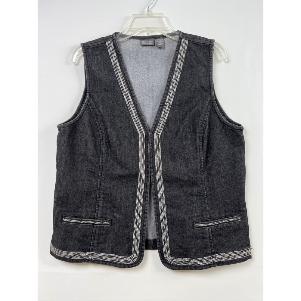 Additions by Chicos 2 Denim Vest Womens L Black Embroidered Hook Eye V-Neck